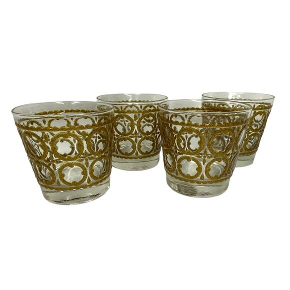 Vintage Libbey Short Glass Cups 8oz each Set of 4 Geometric Design - Picture 3 of 9